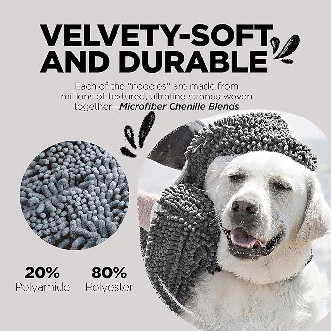Soggy Doggy Super Shammy Dog Towel - Microfiber Chenille Towel for Drying Dogs and Cleaning Paws - Fast Drying with Hand Pockets for Ease (Gray, 31” x 14”)