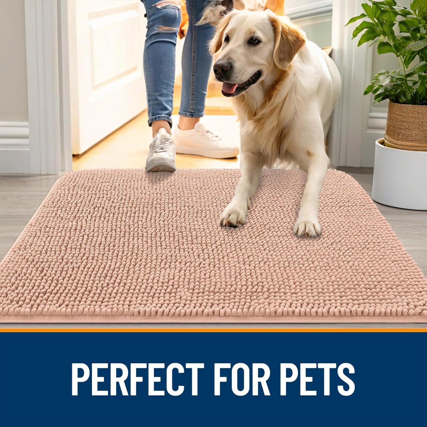 OLANLY Dog Door Mat for Muddy Paws 47x17, Absorbs Moisture and Dirt, Absorbent Non-Slip Washable Doormat, Quick Dry Chenille Mud Mat for Dogs, Entry Indoor Entryway Carpet for Inside Floor, Peach