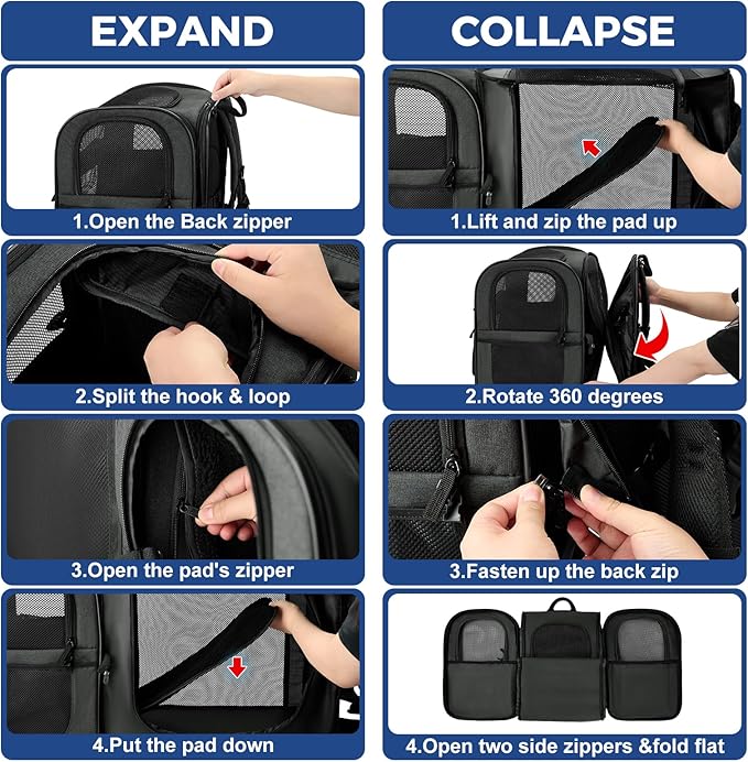 Apollo Walker Pet Carrier Backpack for Large/Small Cats and Dogs, Puppies, Safety Features and Cushion Back Support for Travel, Hiking, Outdoor Use (Black-Expandable)