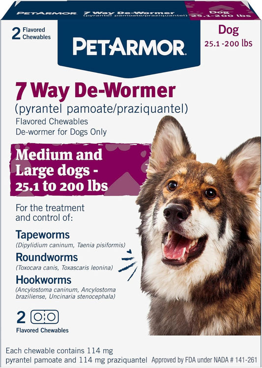 PetArmor 7 Way De-Wormer for Dogs, Oral Treatment for Tapeworm, Roundworm & Hookworm in Large Dogs & Puppies (Over 25 lbs), Worm Remover (Praziquantel & Pyrantel Pamoate), 2 Flavored Chewables