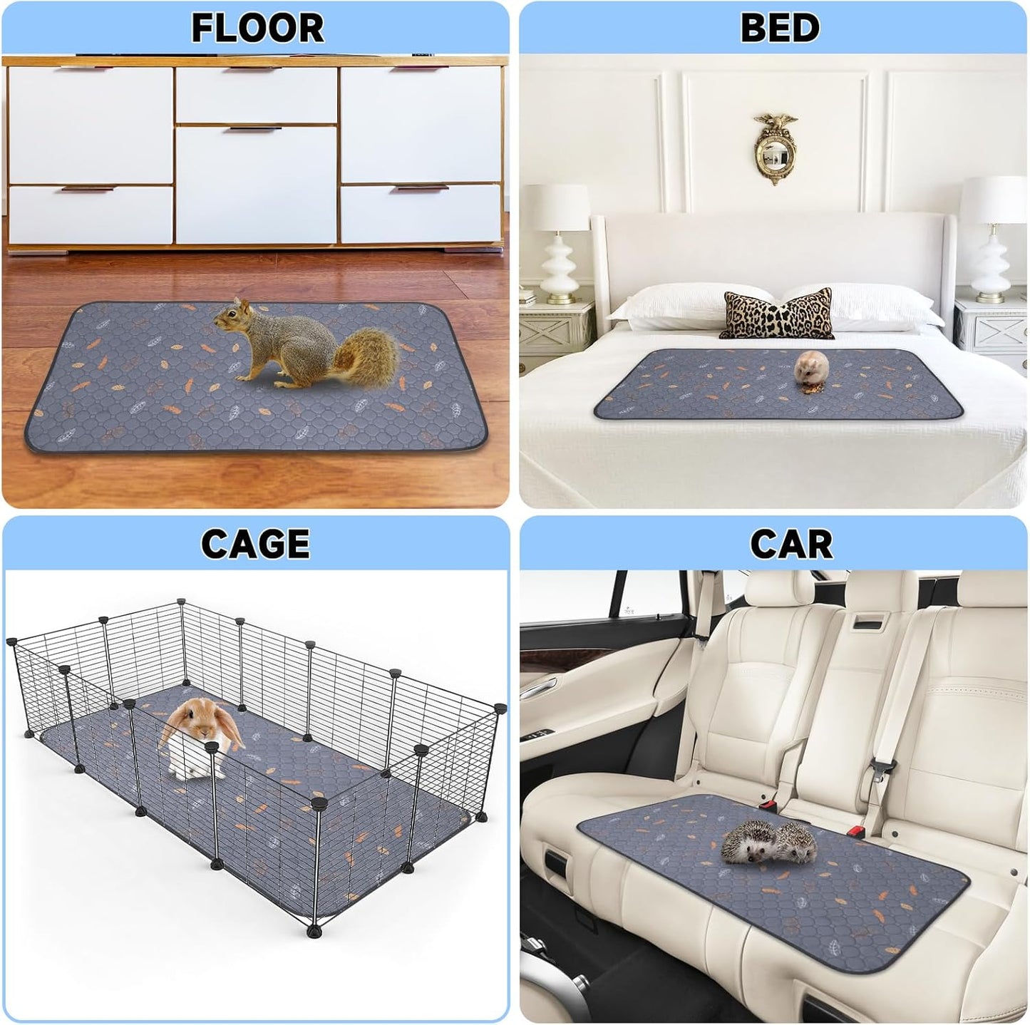 Sunheir 2 Pack Washable Guinea Pig Pee Pads, 24" x 48" Waterproof Reusable Guinea Pig Cage Liners, Absorbent Bedding Training Mat for Small Animal Guinea Pigs Rabbit Bunny Hamster (Leaves - Deep Grey)