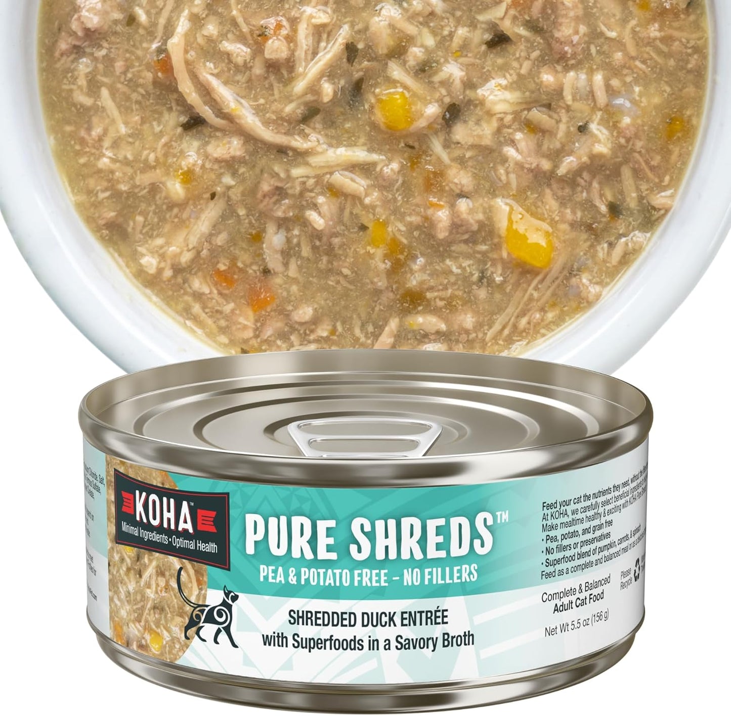 KOHA Pure Shreds Duck Entrée for Cats, Single Meat High Protein Wet Cat Food, 5.5oz Cans (Pack of 12)