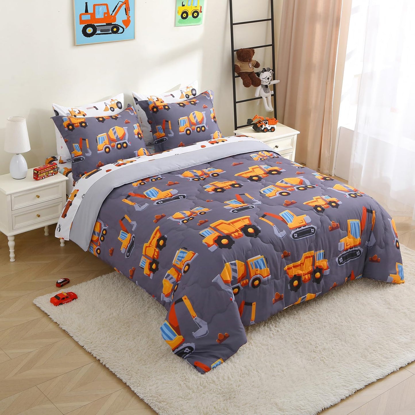 Kids Comforter Set 7 Piece Bedding Cute Car Cartoon Truck Bed Microfiber Comforter Queen Size All Season Excavator Car Truck Printed