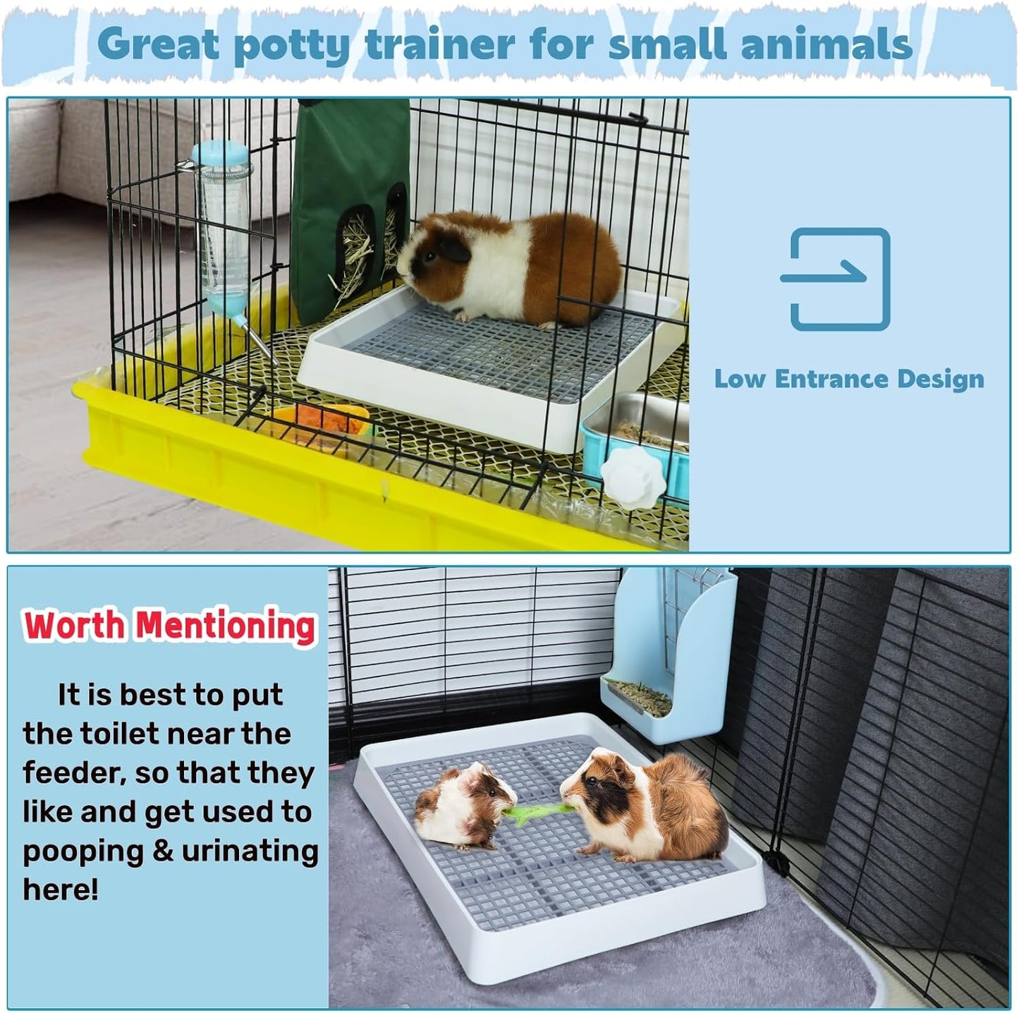 FHTONGE 2 Pcs Guinea Pig Litter Box for Cage, Guinea Pigs Litter Pan with Grid, Rectangular Small Amimal Potty Trainer Tray Pet Toilet for Rat Chipmunk Chinchilla Hedgehog Hamster Ferret Rabbit