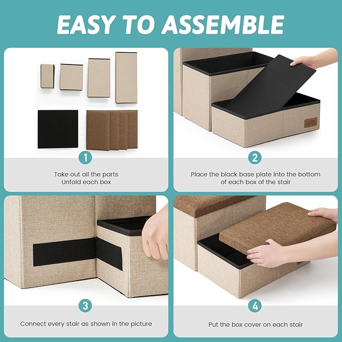 Dog Stairs with Storage, 4-Step Wider Sturdy Dog Steps for Small/Medium/Large Dogs and Older Cats, Folding Doggie Ramp for Bed/Couch/Car Hold Up to 180 lbs (22" H, Brown)