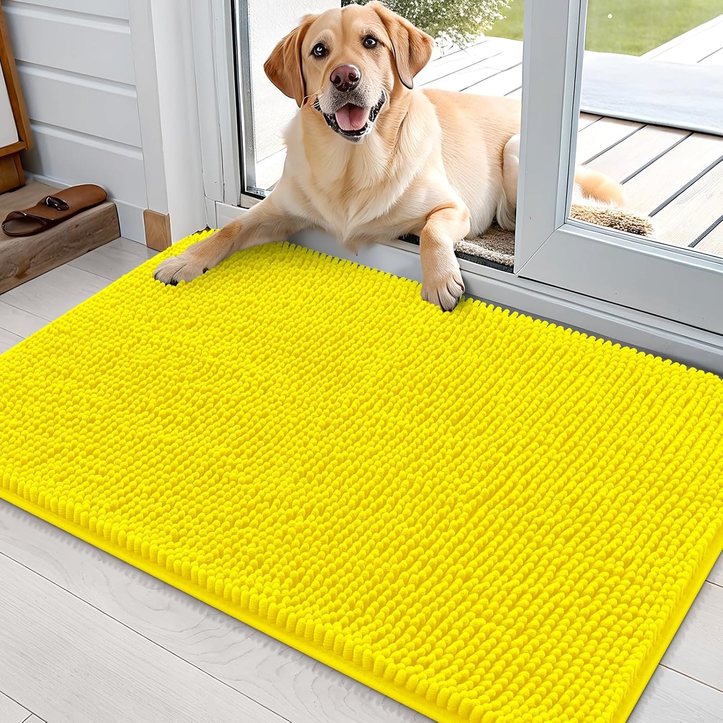 OLANLY Dog Door Mat for Muddy Paws 36x24, Absorbs Moisture and Dirt, Absorbent Non-Slip Washable Doormat, Quick Dry Chenille Mud Mat, Entry Indoor Entryway Carpet for Inside Floor, Lemon Yellow