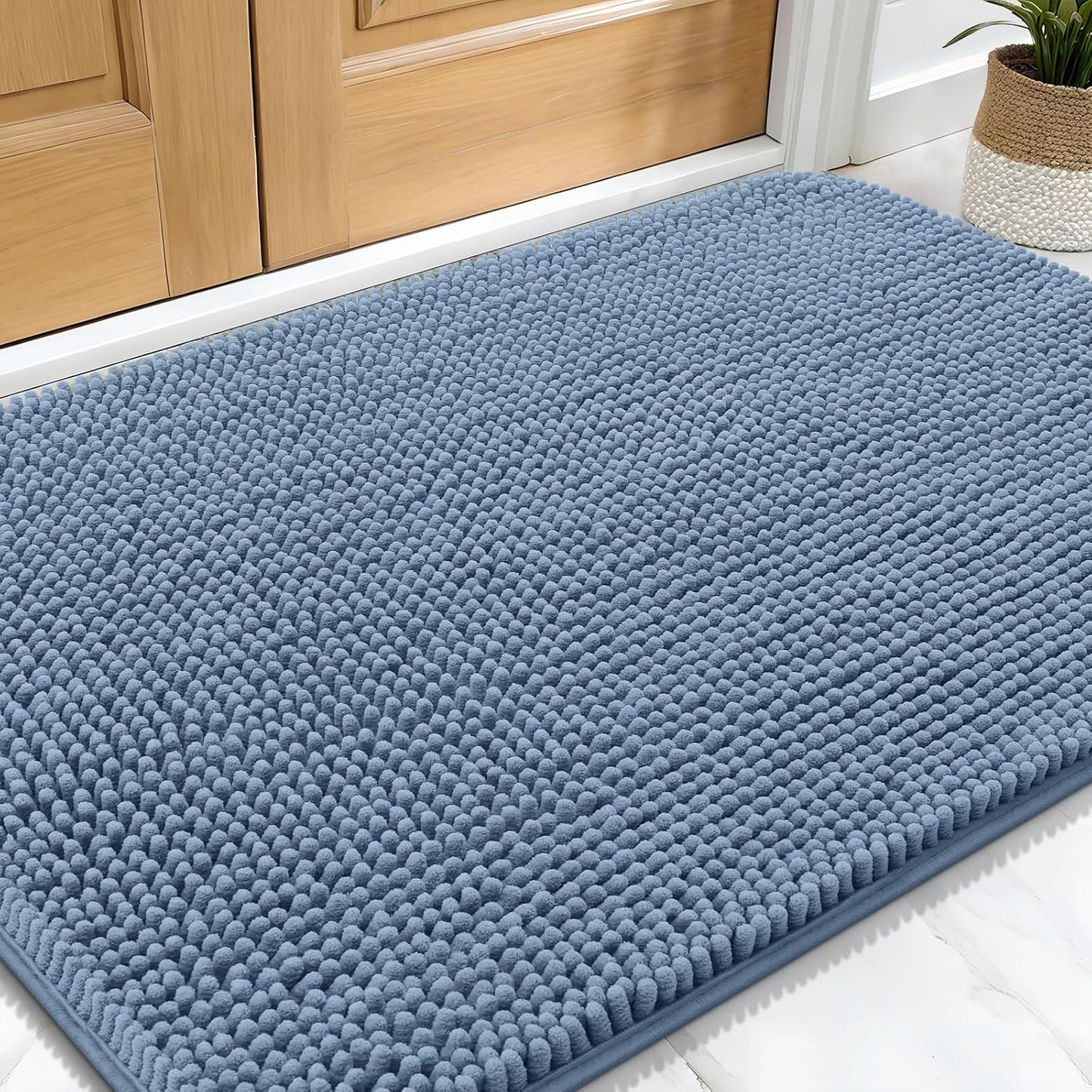 OLANLY Dog Door Mat for Muddy Paws 30x20, Absorbs Moisture and Dirt, Absorbent Non-Slip Washable Doormat, Quick Dry Chenille Mud Mat for Dogs, Entry Indoor Entryway Carpet for Inside Floor, Airy Blue