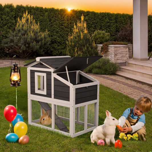 Bunny Cage Premium Rabbit Hutch with Leak-Proof Roof, 2-Story Bunny House for Guinea Pigs & Hamster,Wooden Chicken House with Deep Pull-Out Tray, Waterproof Chicken Coop for Outside (Grey)