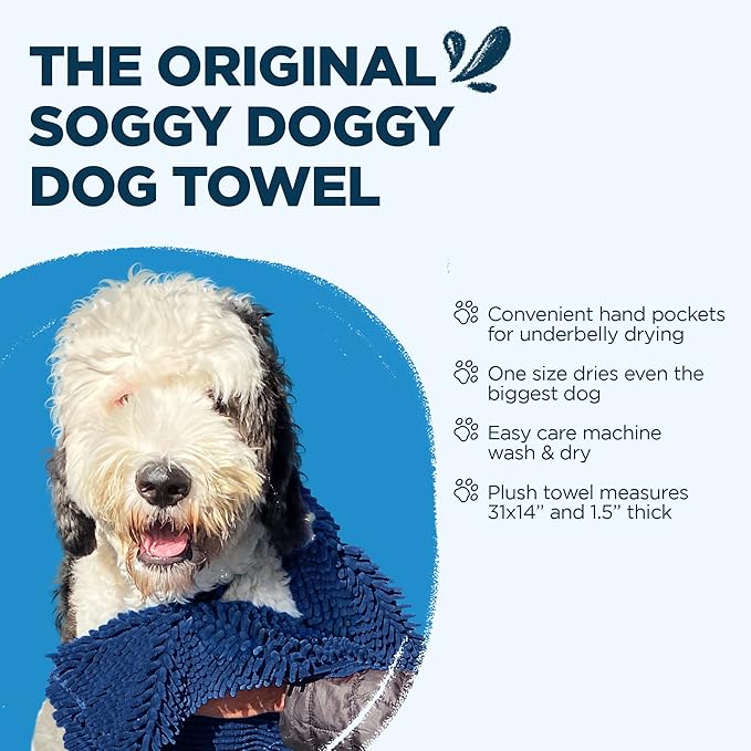 Soggy Doggy Super Shammy Dog Towel - Microfiber Chenille Towel for Drying Dogs and Cleaning Paws - Fast Drying with Hand Pockets for Ease (Navy Blue, 31” x 14”)