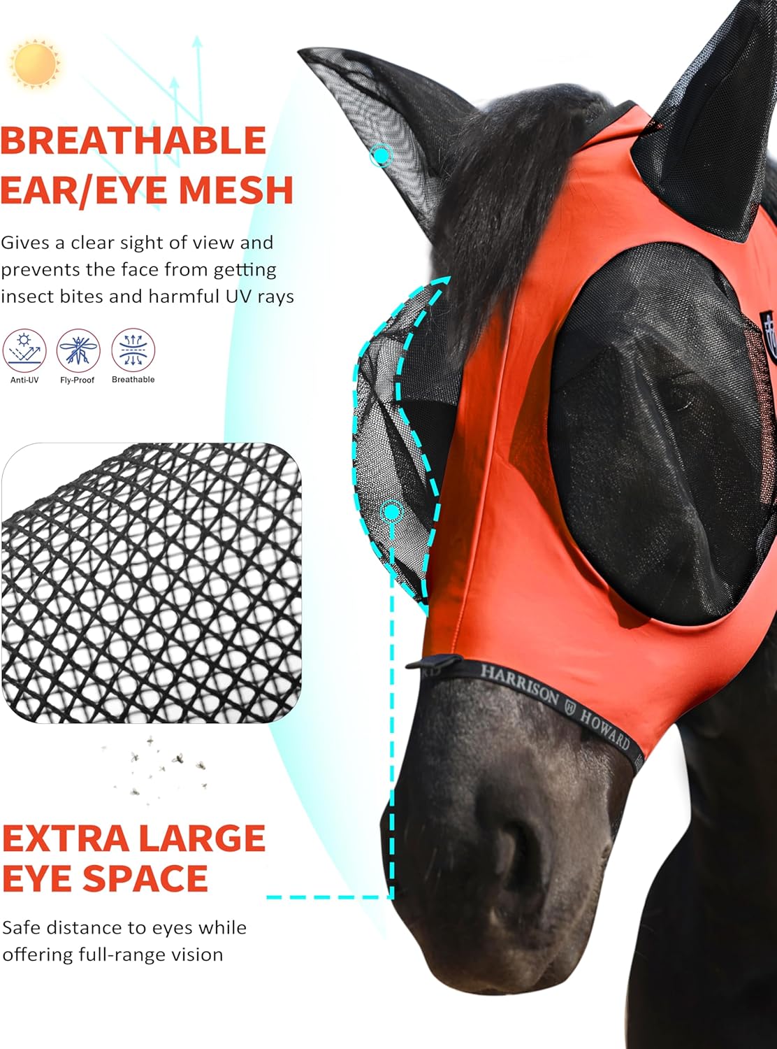 Harrison Howard Horse Fly Mask with Forelock Opening Stretch Breathable and Comfortable for Horses UV -Protection Orange M