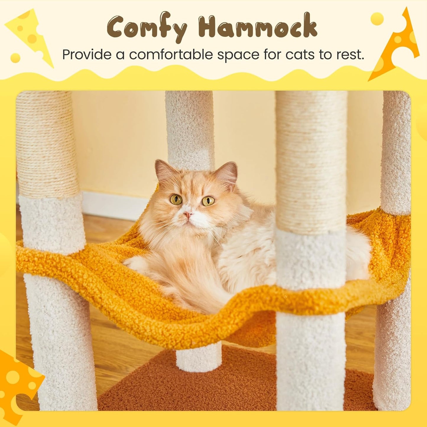 MWPO Cat Tree, 63.8-Inch Cat Tower for Indoor Cats, Multi-Level Cat Condo with 5 Scratching Posts, 2 Perches, Hammock, Dangling Toys, Yellow