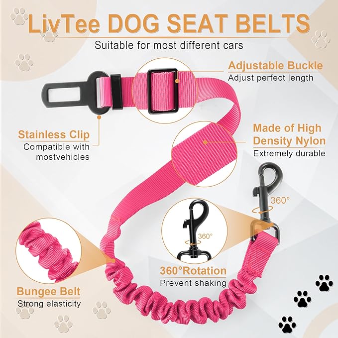 LivTee Dog Seat Belt for Car, Retractable Pet Safety Harness, Adjustable Nylon Dog Seatbelt Leash, Comfortable Dog Accessories for Vehicles (Pink-2PCS)