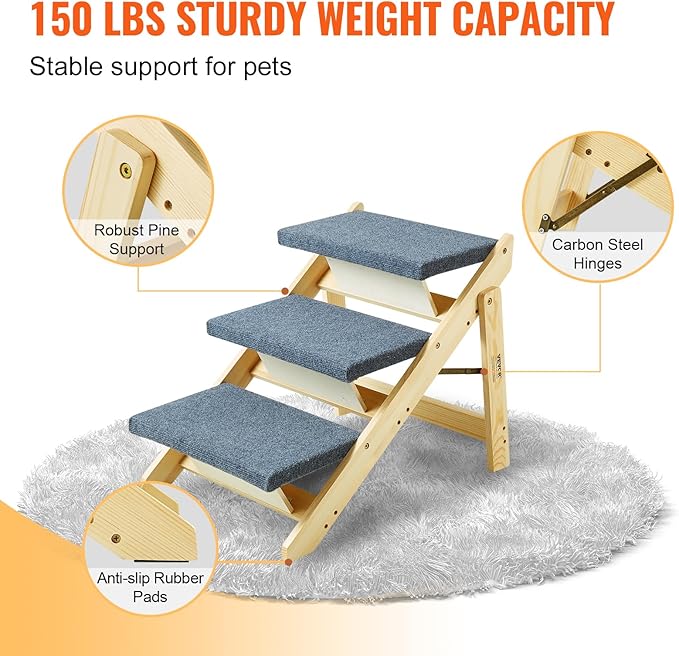 VEVOR Wood Pet Stairs/Pet Steps, 2-in-1 Foldable Wooden Dog Stair for Beds, Sofa and Cars, Dog Stairs & Ramp with 3 Steps for Small Medium Large Pet, up to 150 lbs