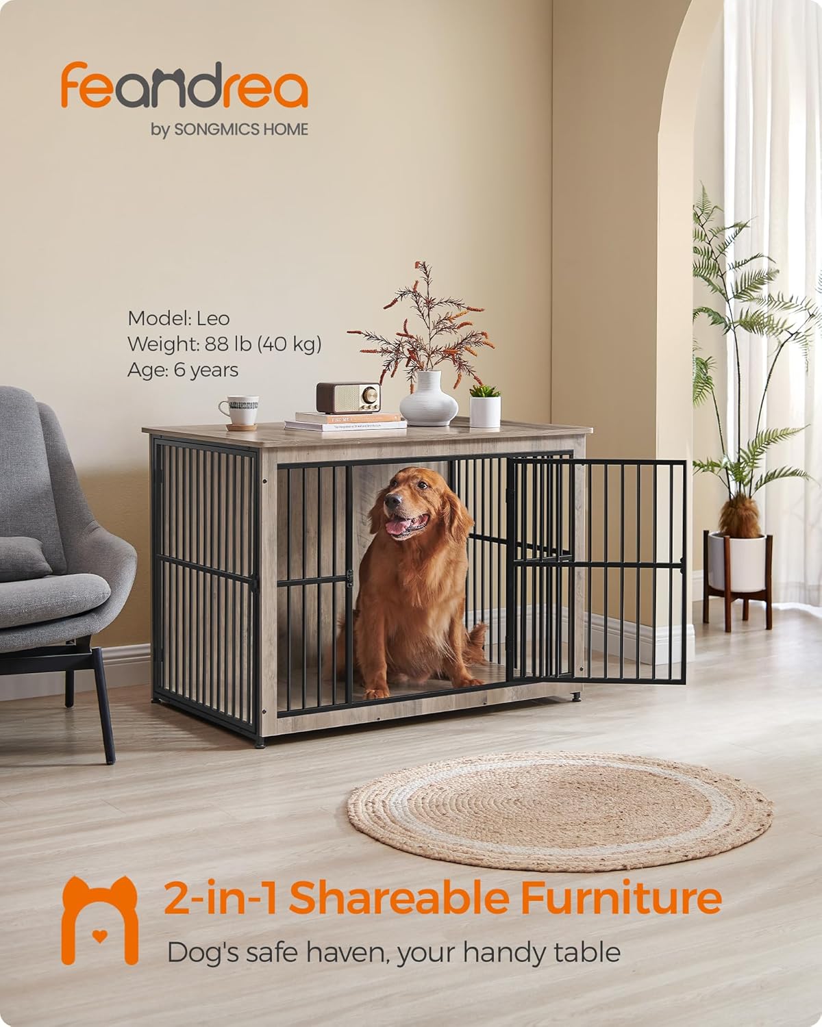 Feandrea Dog Crate Furniture, 43.3" Side End Table, Modern Kennel for Dogs Indoor up to 80 lb, Heavy-Duty Dog Cage with Enclosed Base, Double-Door Dog House, Greige UPFC024G01