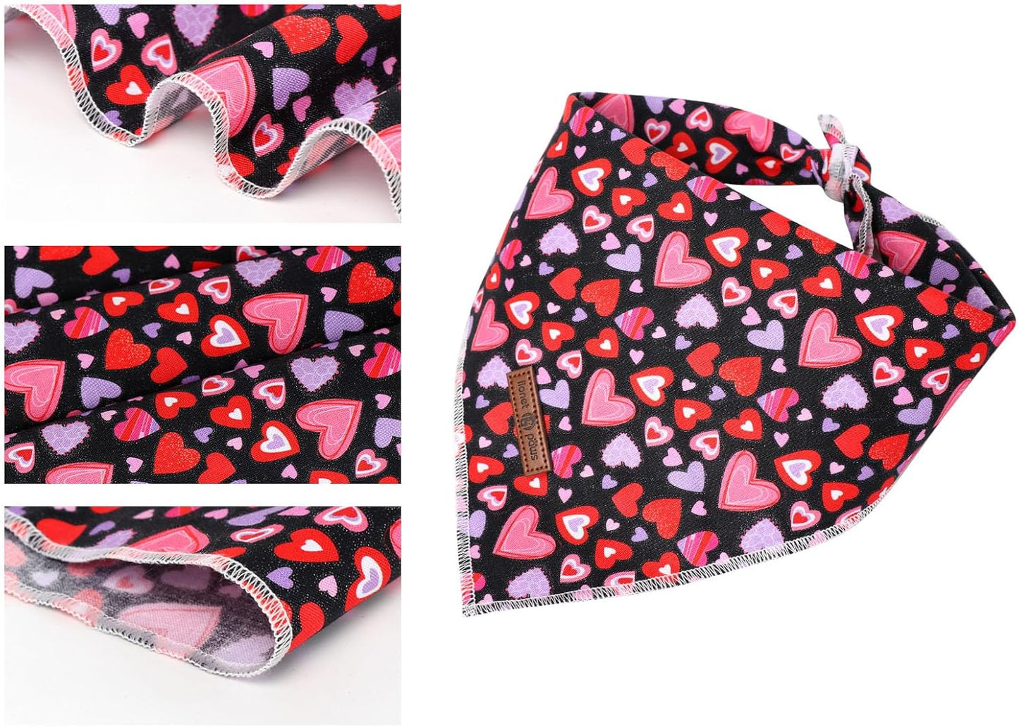 Lionet Paws Valentine Dog Bandana for Small Medium Dogs,Pink Hearts Black Kerchief Washable Dog Triangle Bibs Scarf for Girl or Boy Gift