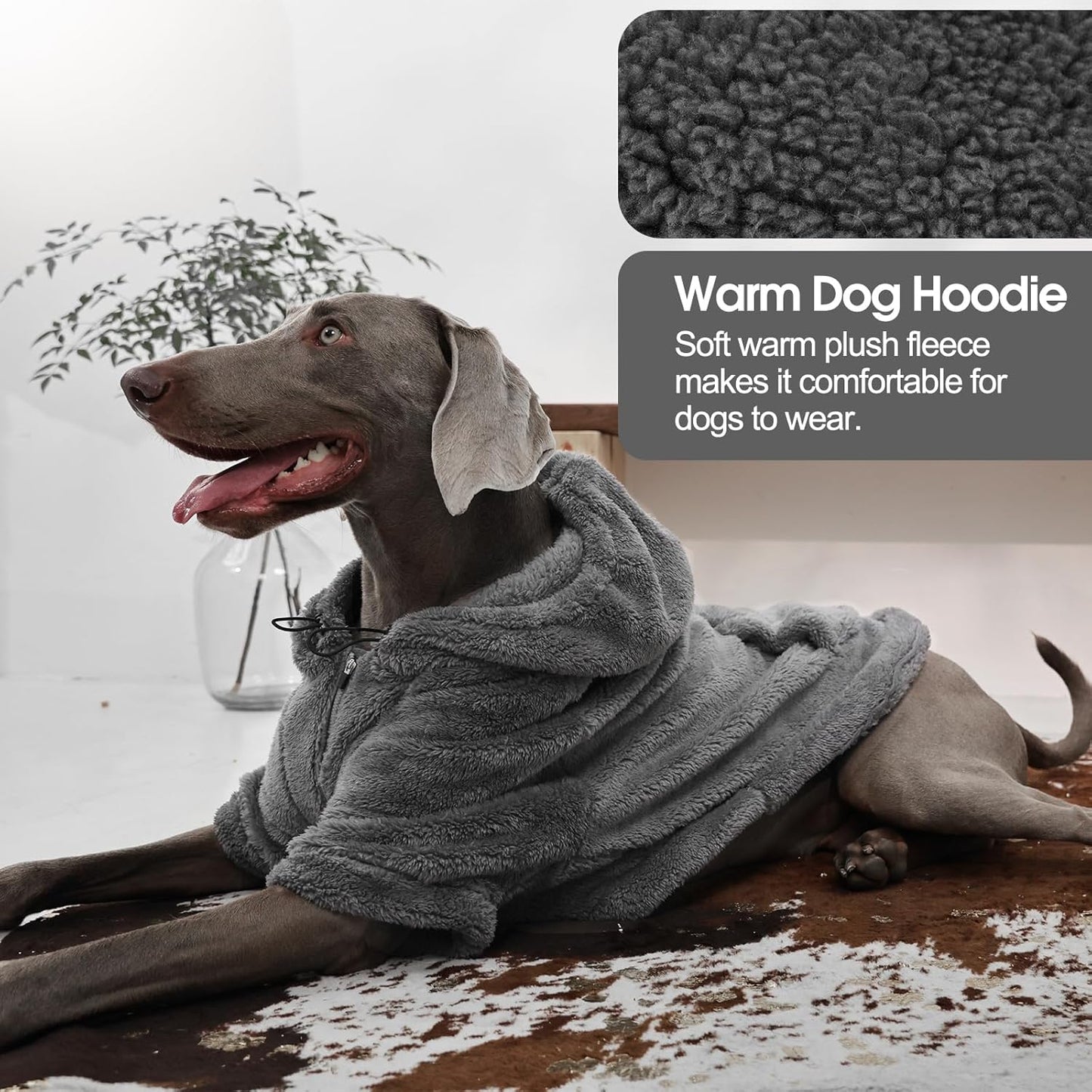 IDOMIK Fuzzy Dog Sweater with Adjustable Hood, Warm Fleece Dog Sweater Hoodie with Harness Hole & Pocket, Pullover Sweaters for Large Dogs, Fuzzy Hooded Sweatshirt for Fall Winter Christmas,Grey,2XL