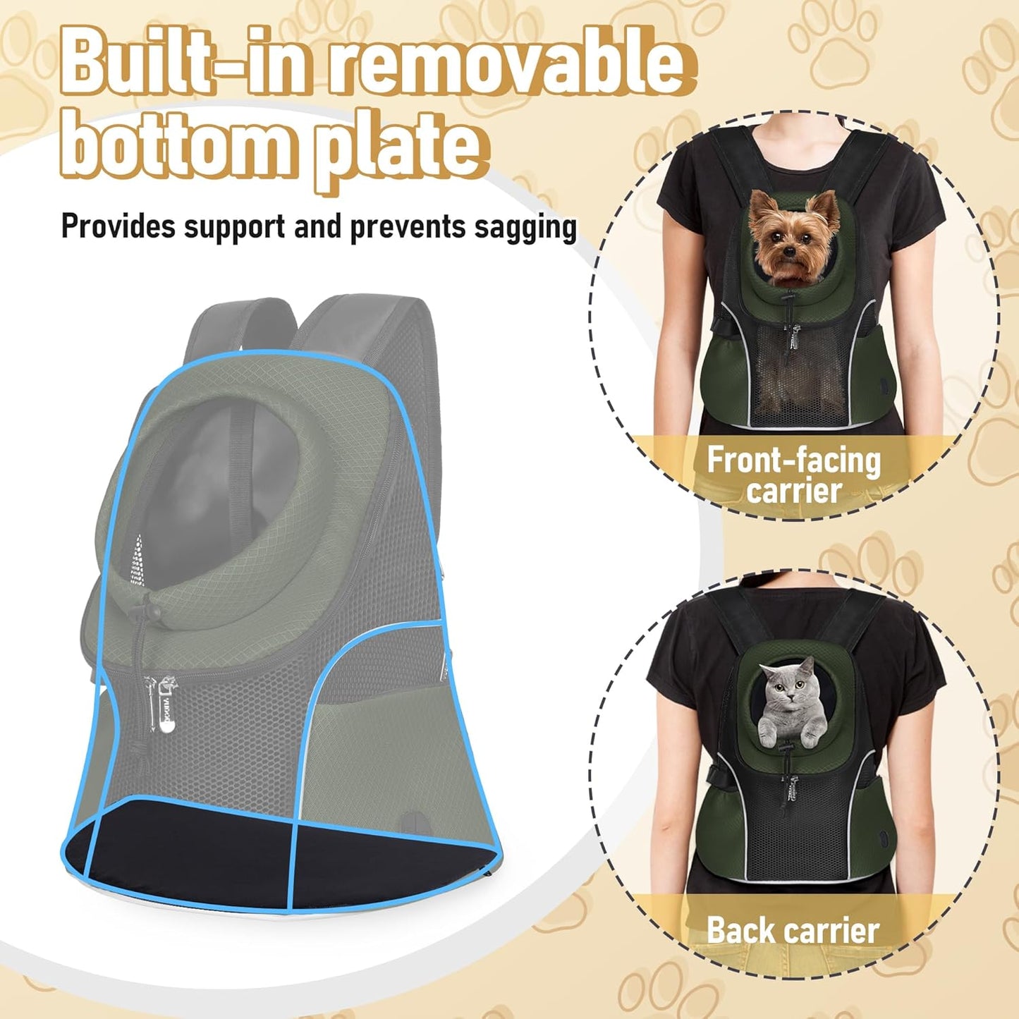 WOYYHO Pet Dog Carrier Backpack Small Dog Front Backpack Ventilated Mesh Dog Travel Back Pack with Safety Belt for Travel Hiking Cycling Outdoor Adventures (Size S: 2-4.5 lbs, Army Green)