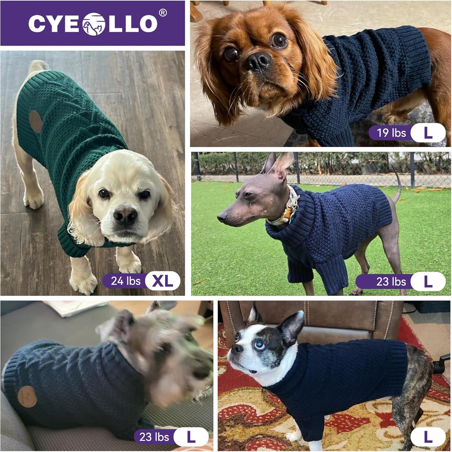 cyeollo Dog Sweater Warm Turtleneck Knitted Sweaters with Sleeve Winter Dog Clothes Sweaters for Dogs, Grey L