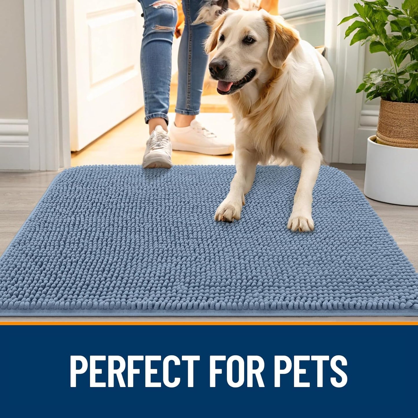 OLANLY Dog Door Mat for Muddy Paws 59x20, Absorbs Moisture and Dirt, Absorbent Non-Slip Washable Doormat, Quick Dry Chenille Mud Mat for Dogs, Entry Indoor Entryway Carpet for Inside Floor, Airy Blue