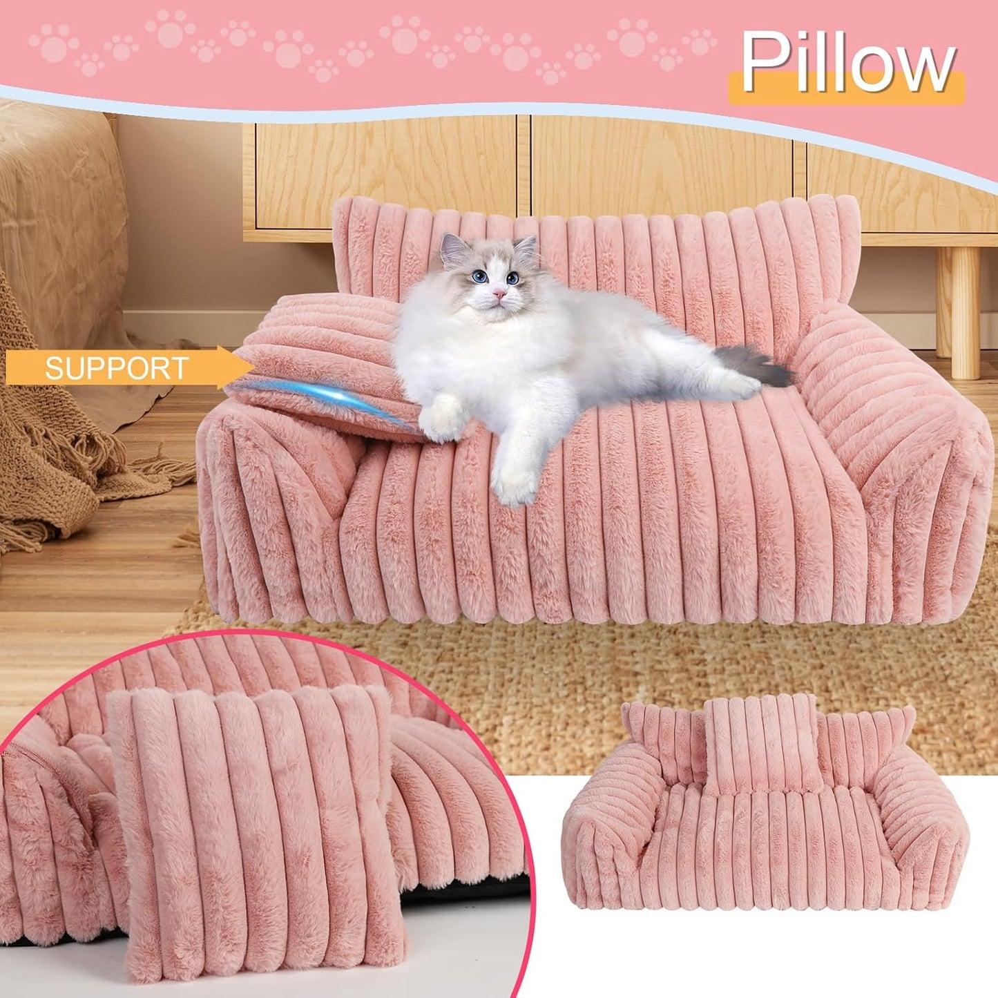 Cute Cat Couch Bed for Indoor Cats, Fluffy Pet Cat Sofa with Premium Soft Corduroy Fleece, Cute Small Dog Beds for Small Dogs, Fuzzy Puppy Chair with Removable Washable Cover (30x20x10,Pink)