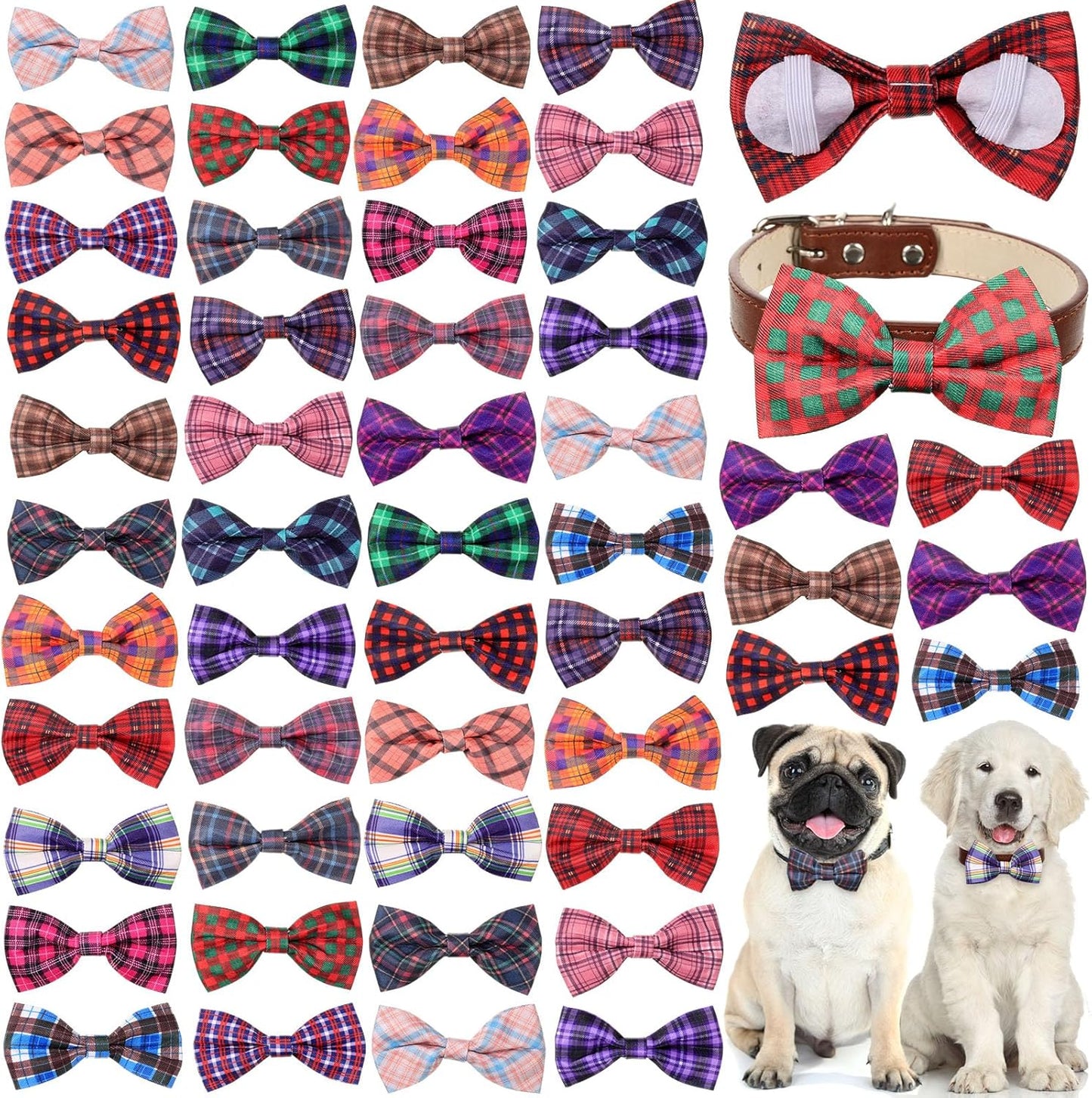 Reginary 50 Pieces Dog Bow Ties Pet Collar Bow Puppy Collar Attachment with Rubber Bands for Small Medium Cat Pet Grooming Charms Accessories Wedding Birthday Occasion(Plaid Style)