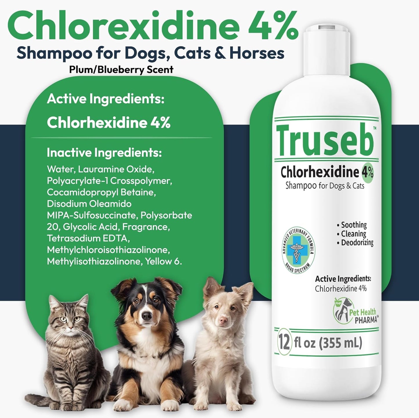 Truseb Topical Chlorhexidine 4% Shampoo for Dogs, Cats & Horses (12 oz)- with Aloe for Cleansing (Chlorhexidine 4% Shampoo, 12 oz)
