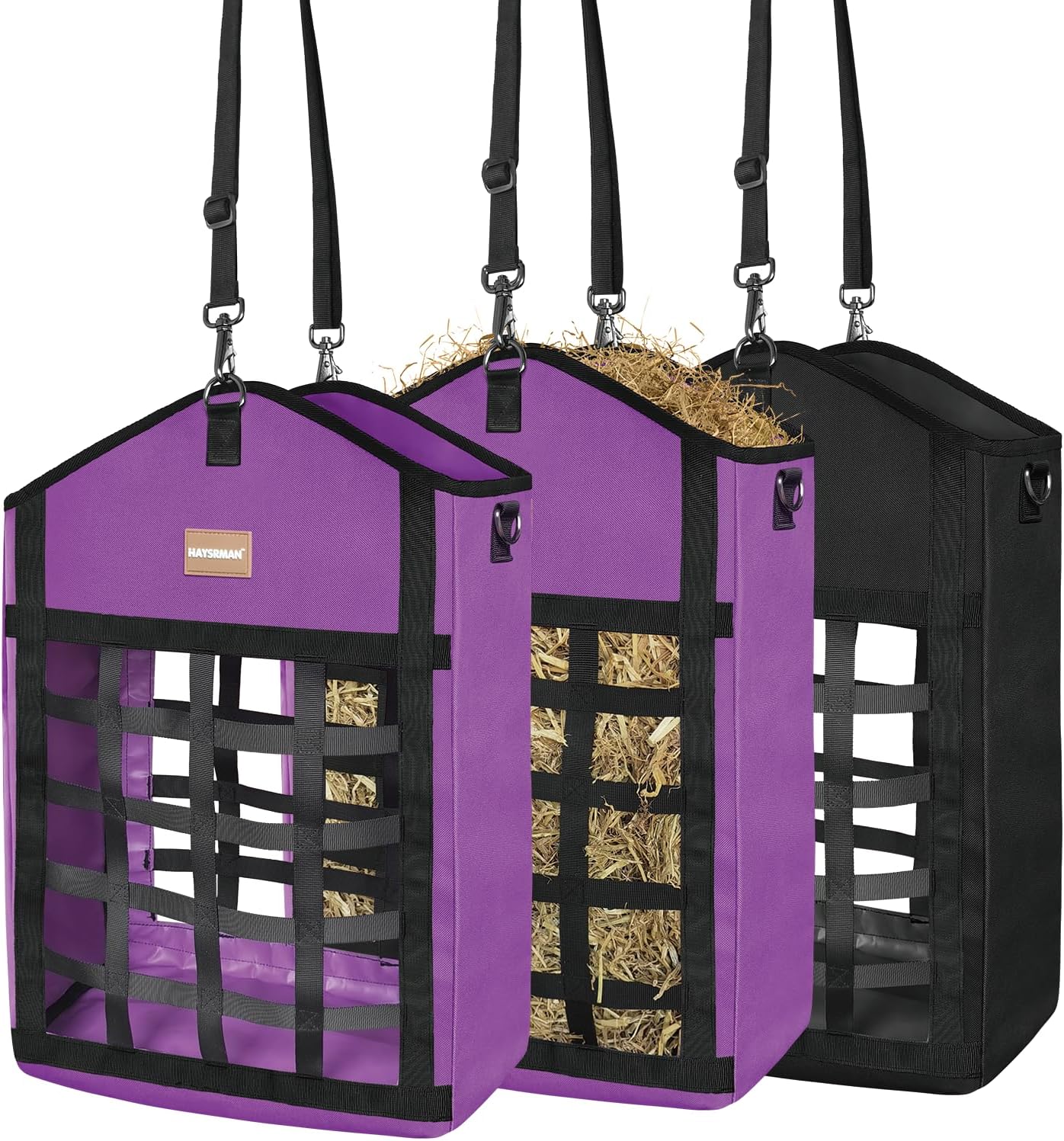 Innovative Hay Bags for Horses, Goat Hay Feeder with Reinforced Oxford Fabric and High Strength Metal Clasp,Horse Feeding Supplies with Adjustable Strap for Easy Hanging (2Purple+1Black)