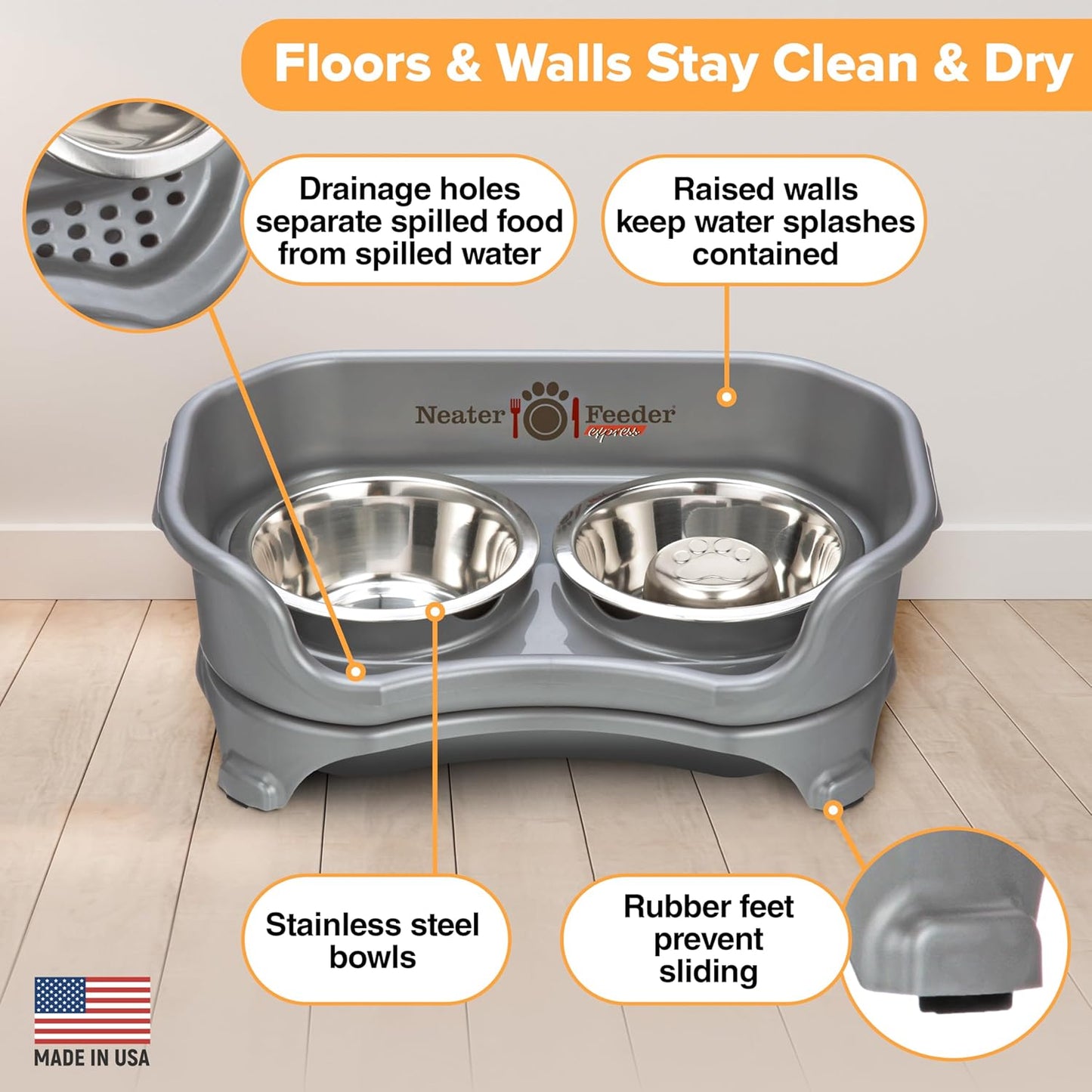 Neater Feeder Express Mess Proof Dog Bowls Elevated for Small Breed – Made in USA – No Spill Raised Slow Feeder Elevated Dog Bowl Stand, Stainless Steel Food and Water Bowl Set, Grey