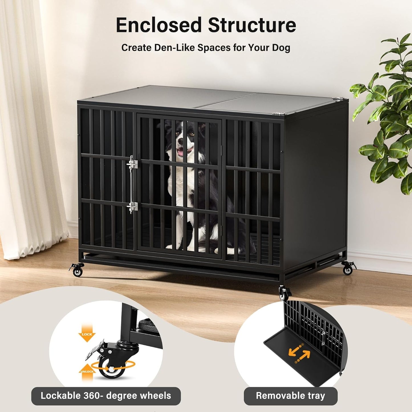 48 inch Heavy Duty Dog Crate with Self-Locking Latch, Indestructible Large Steel Kennel with Enclosed Design, Escape-Proof and Chew-Proof Pet Cage for High Anxiety Dogs