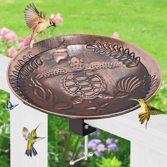 Deck Mounted Bird Bath for Outside, Detachable Birdbath Bowl with Sturdy Clamp, Outdoor Bird Baths Bowl for Attracting Birds Garden Yard Decor (Vintage Copper Turtle)