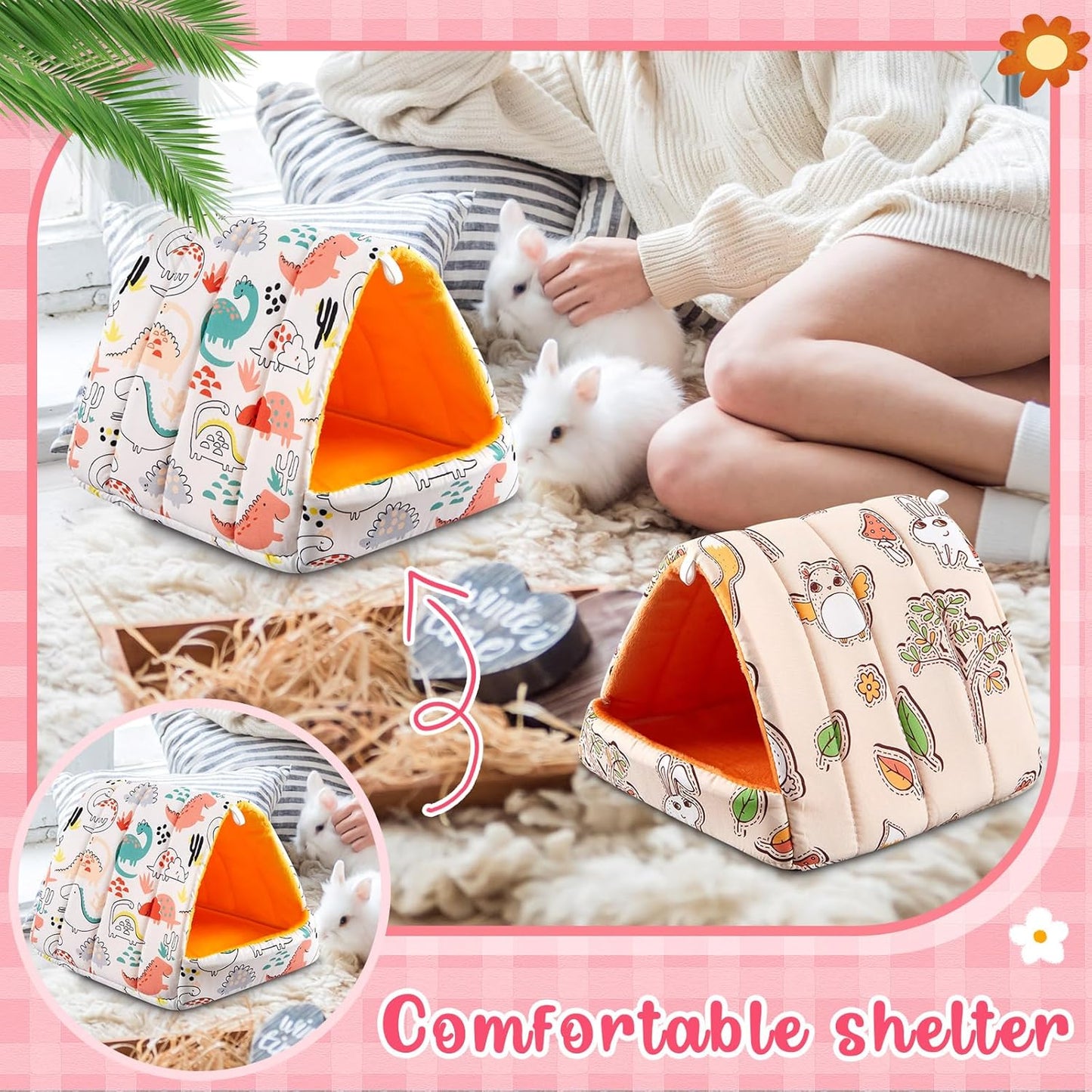 4 Pcs Guinea Pig Hideout, Guinea Pig Bed Tunnel, Rabbit Washable Small House Cage Accessories for Bunny Hedgehog Mouse Chinchillas Hamsters Ferrets Bearded Dragons Rats(Cartoon, 7.9 in)