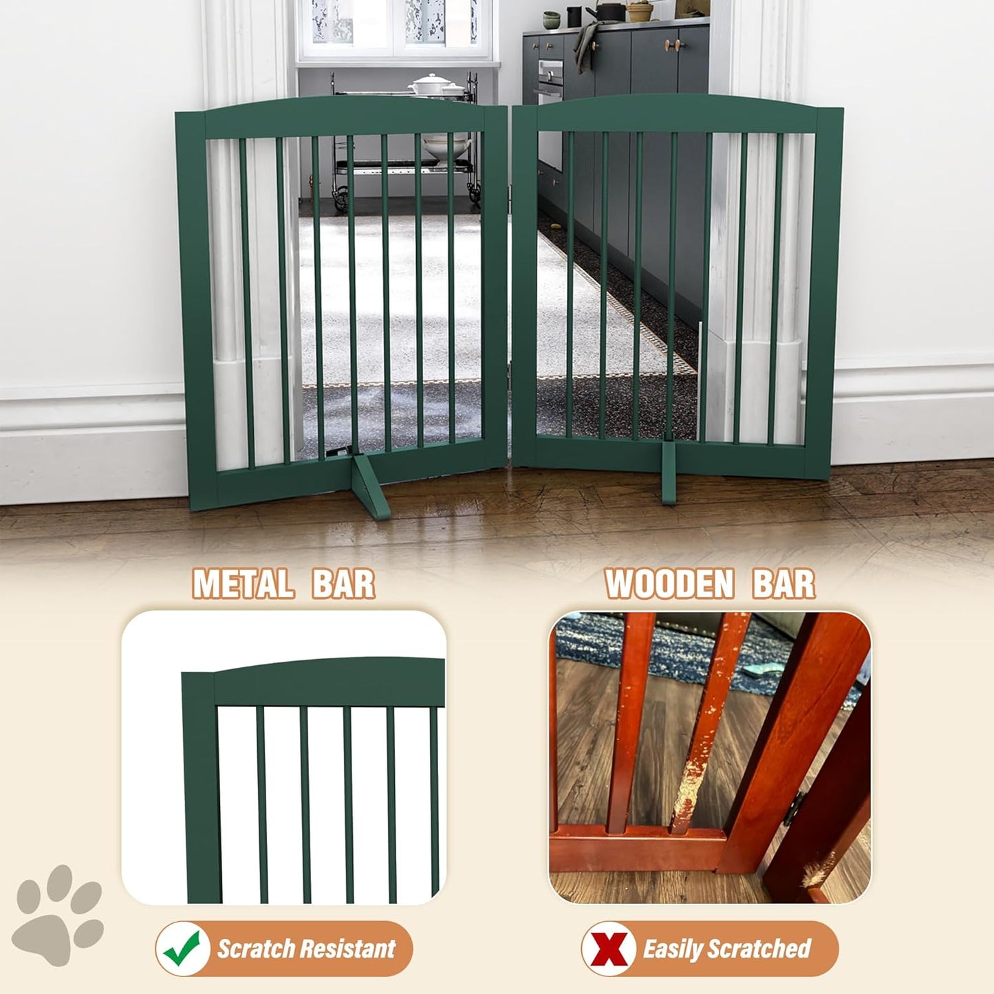 Freestanding Pet Gate for Dogs, Foldable Wooden Dog Gate for House, Stairs, Doorways, Step Over Pet Puppy Safety Fence,Support Feet Included,24" Height 2 Panels, Green