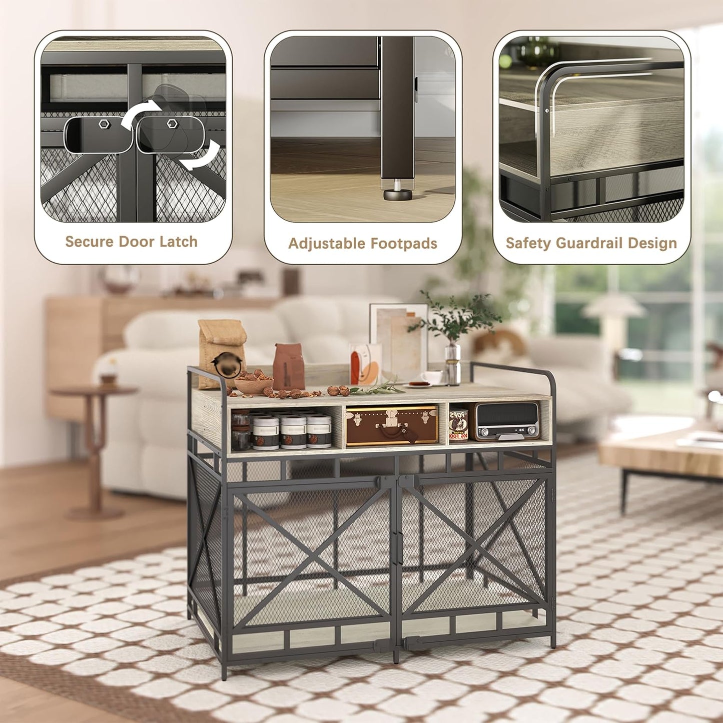 Dog Crate Furniture, 43" Heavy Duty Wooden Dog Crate End Table, XL Dog Kennel Furniture Large Breed, Decorative Dog Kennel Indoor with 3 Drawers & Steel Tubes 43" L x28 W x36 H (Grey)