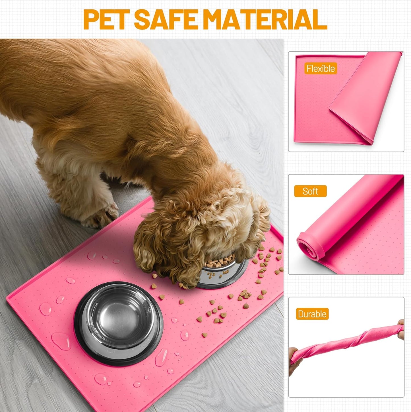 Hubulk Dog Feeding Mat,100% Waterproof Food Grade Silicone Pet Food and Water Bowl Placemat,Dishwasher, High Raised Edge to Prevent Spills,Nonslip Tray to Stop Messes on Floor (24"x16"x0.5", Pink)