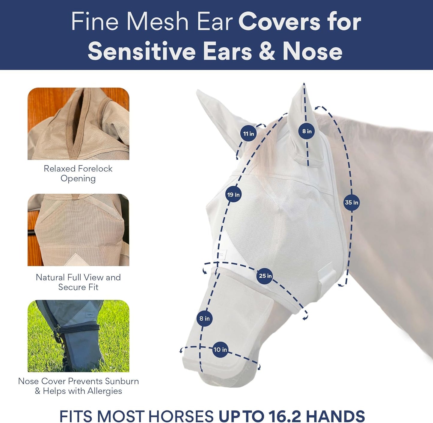 Horse Fly Mask with Nose Cover and Ears | 95% UV Eye Protection | Built-in Visor | Breathable, Lightweight Mask | Adjustable Fit for Comfort Horse Medium/Large Size