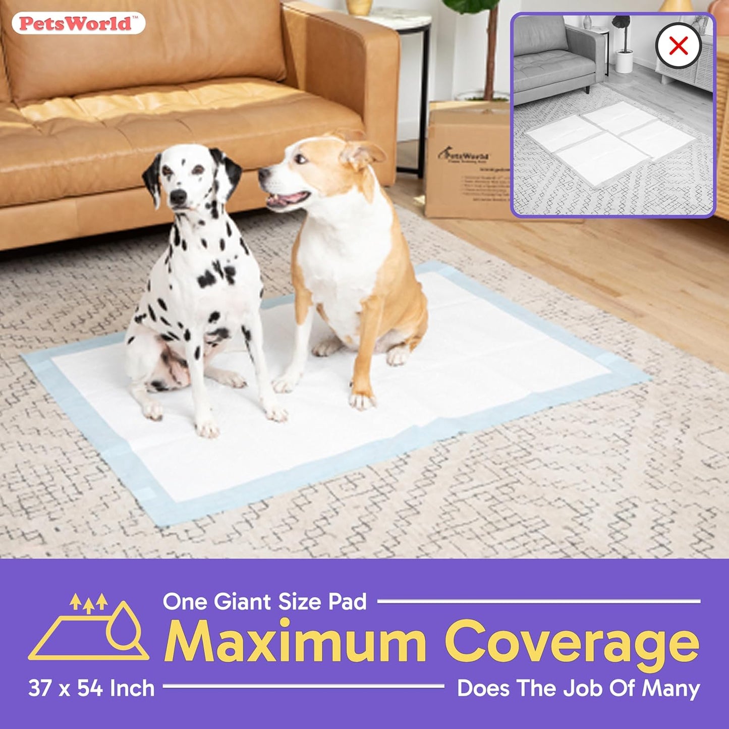 PETSWORLD Enormous Dog Training & Potty Pads, 37x54 inch - Tear Resistant with Strong Leak-Proof Backing, Optional Adhesive Tape, 50 Count