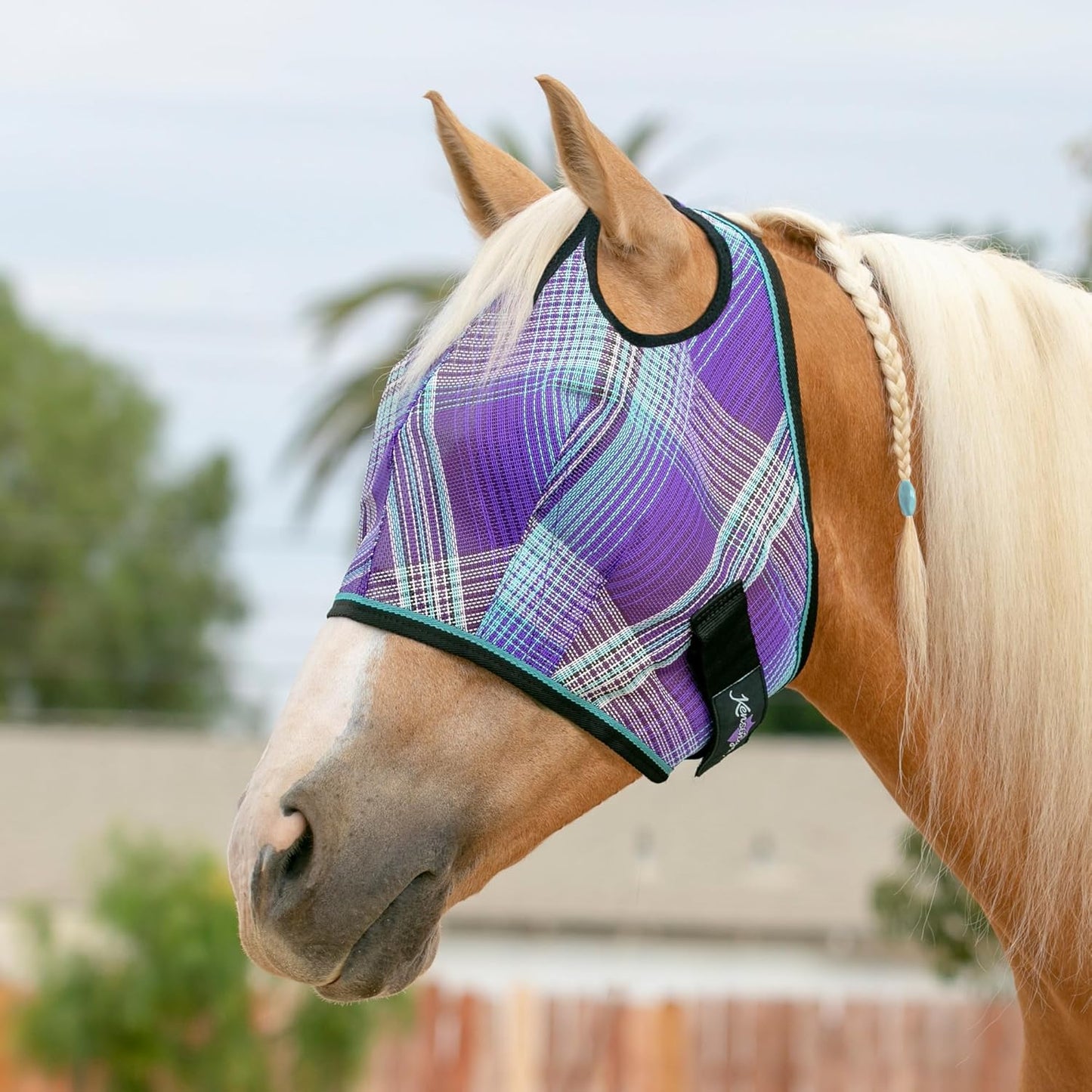 Kensington UV Horse Fly Mask with Web Trim - Protective Mask with Dual Ear Opening & Forelock Freedom - Medium, Lavender Mint