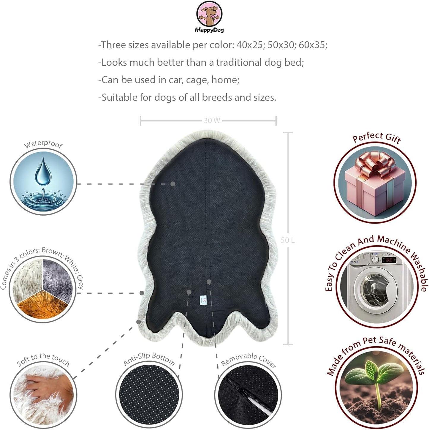 IHAPPYDOG Luxury Faux Fur Orthopedic Dog Bed, Memory Foam Dog Bed for Small, Medium, Large and XL Pets, Fluffy Pet Bed with Waterproof and Washable Cover (Grey, 50"x30")