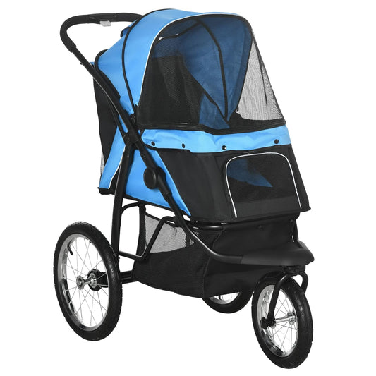 PawHut 3 Wheels Pet Stroller for Small and Medium Dogs, Foldable Cat Stroller Jogger with Adjustable Canopy, Safety Tether, Cushion, Storage Basket, Blue