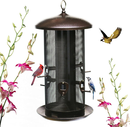 Nature's Rhythm Metal Hopper Bird Feeder, Dual Seed Compartments, 10 Feeding Ports, Holds 10lbs Seed, Attracts Cardinals, Titmice, Nuthatches