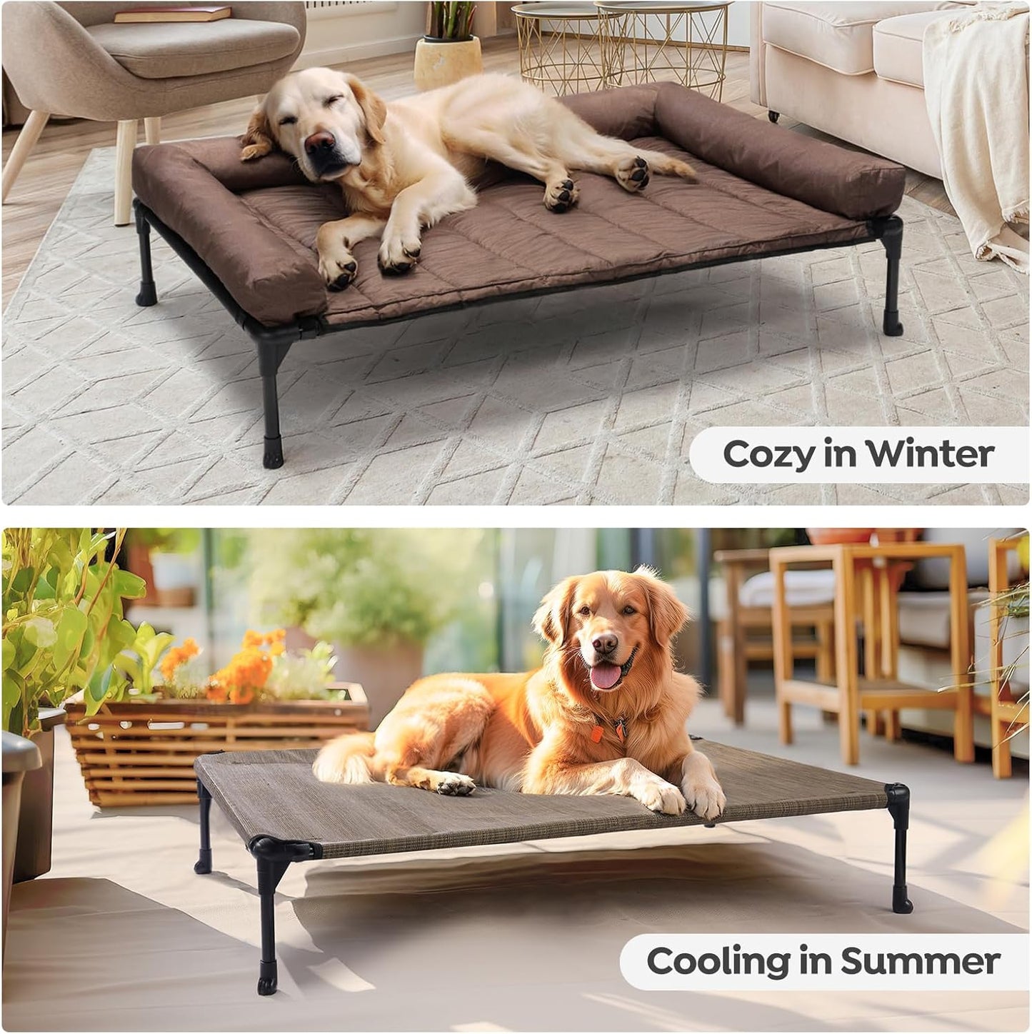 Veehoo Cooling Elevated Dog Bed Add Removable Waterproof Bolster Cushion Mat, Raised Pet Cot with Breathable Teslin Mesh, No-Slip Feet, Dog Couch Bed for Indoor Outdoor, Large, Brown CWC2331B