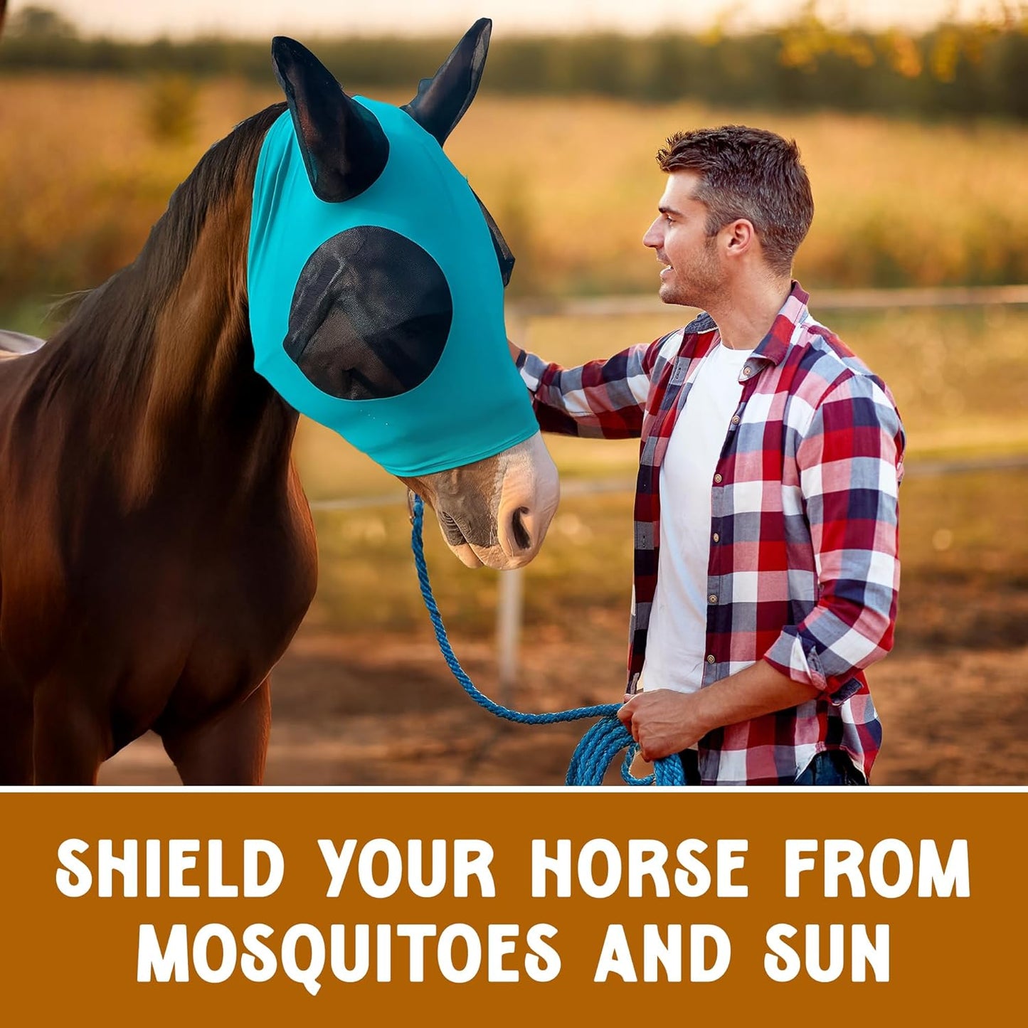 Horse Fly Mask - Durable Equine Fly Mask with Full Coverage for Eye & Ear - Stretchable, UV & Sun Protection Flymask for Horses, Ponies & Mini Horses - Horse Face Cover for Pasture & Trail - Green