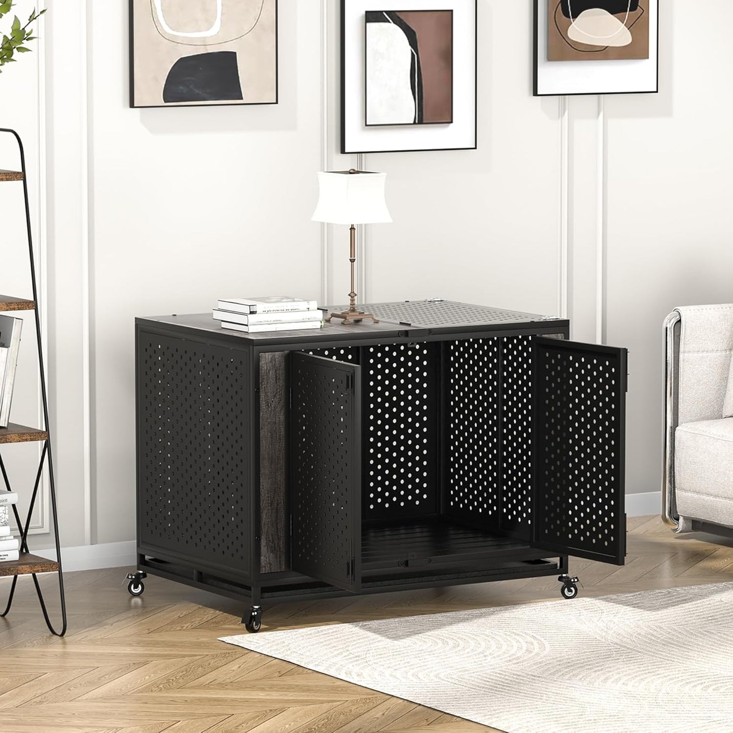 42" Heavy Duty Dog Crate Furniture for Medium and Large Dogs, Enclosed Design with 0.5 inch Holes, Indestructible Metal Kennel for High Anxiety Dogs, Chew Proof Indoor Pet House Cage, Gray