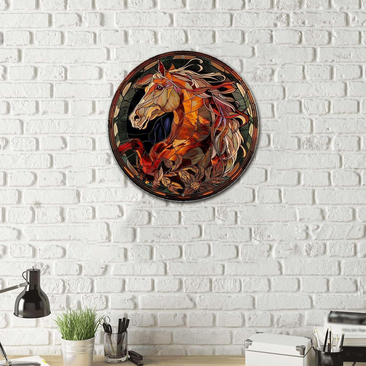 Lygond Metal Sign Tin Sign Circular Stained Glass Horse Metal Signs Vintage for Restaurant 12×12 Inches