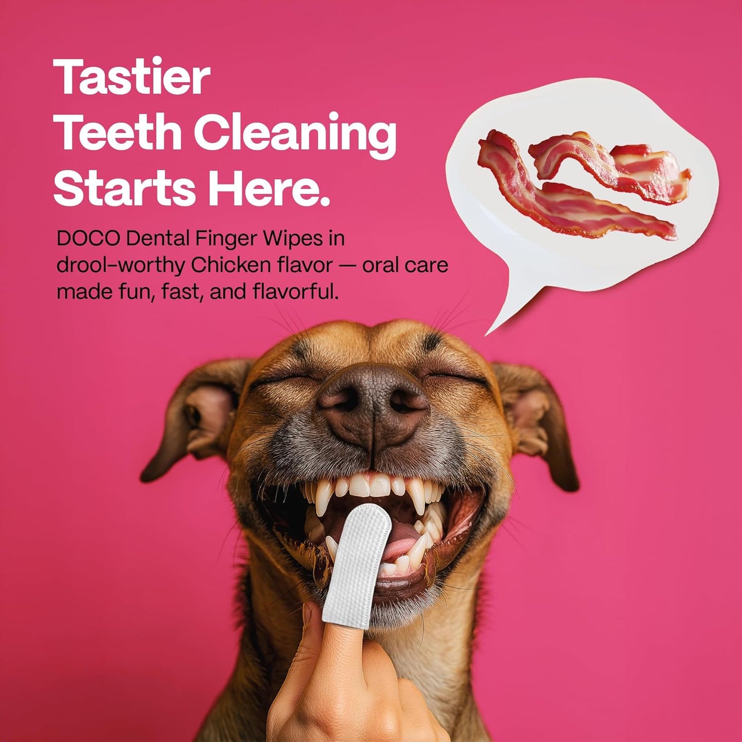 DOCO Dog Teeth Cleaning Wipes Dental Finger Wipes for Cats & Dogs Remove Plaque & Tartar, Freshen Breath, No Rinse, Easy & Effective Pet Tooth Cleaning Kit for Oral Care, Bacon Flavor, 100 Count