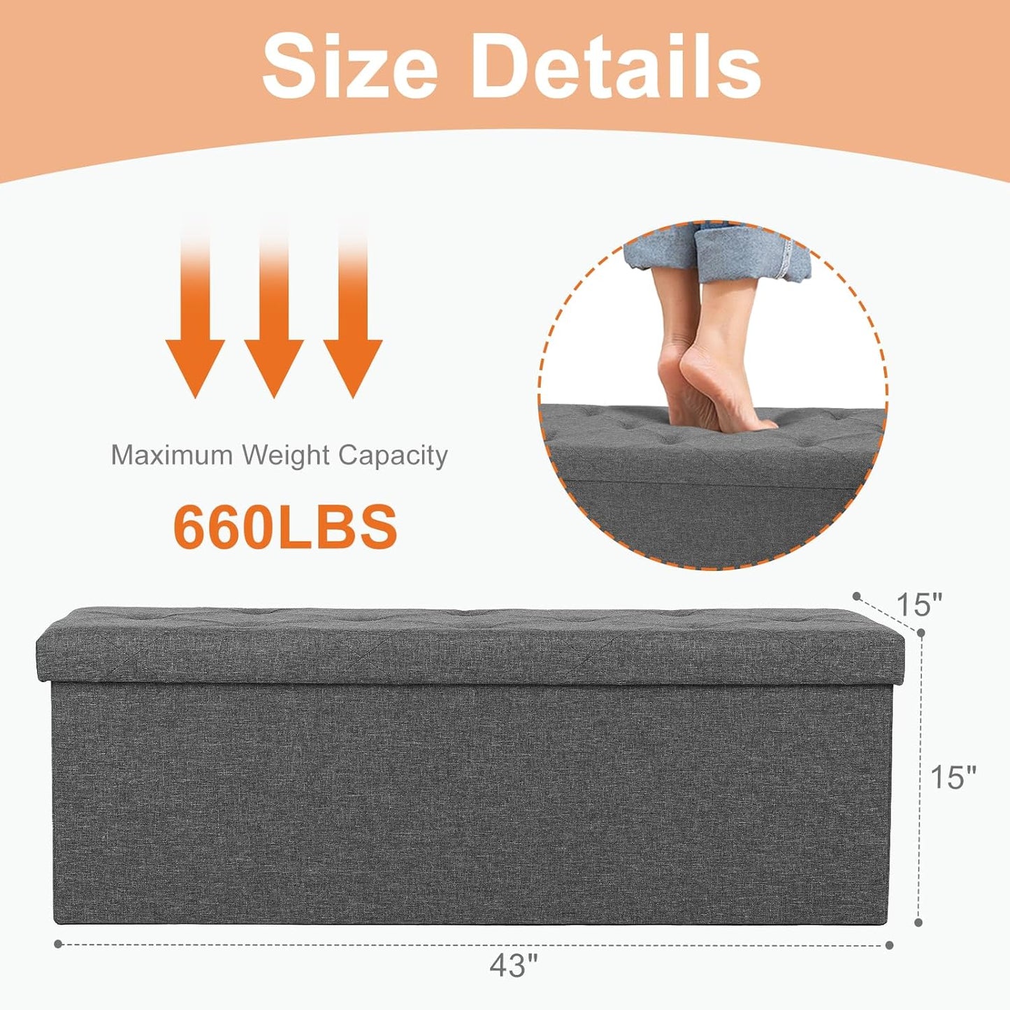 Sweetcrispy 43in Foldable Storage Ottoman, Storage Chest for Bedroom End of Bed, Large Ottoman Bench Foot Rest Stool with Padded Seat for Entryway Living Room, Support 660lbs 154L-Linen Cloth Grey