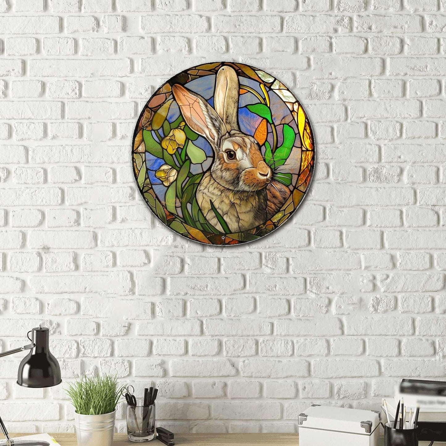 Lygond Metal Sign Tin Sign Circular Stained Glass Rabbit Restroom Tin Sign for Garden 8×8 Inches