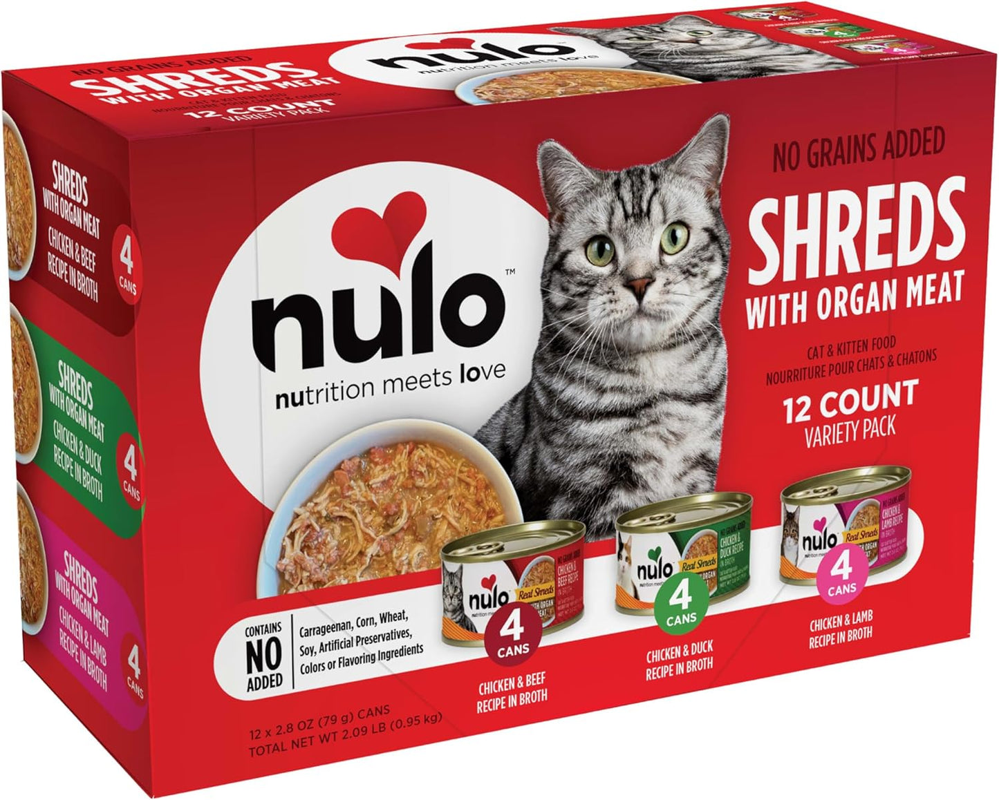 Nulo Real Shreds with Organ Meat Wet Canned Cat Food, Variety Flavors, 2.8 Ounce, 12 Cans