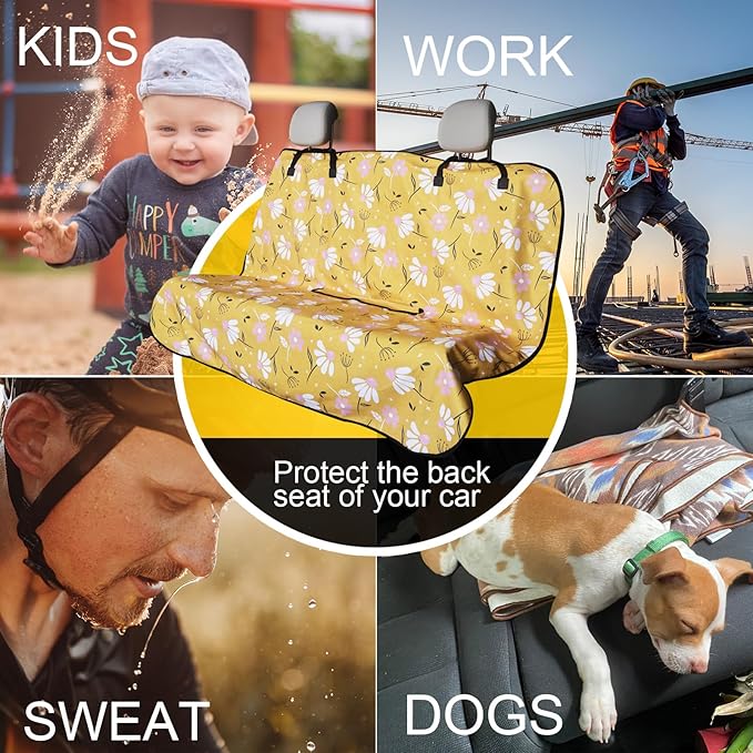 Back Seat Cover for Car Trucks Van SUV,Waterproof Rear Bench Towel Seat Covers for Dogs and Kids,Automotive Backseat Protector (Chamomile and Yellow)