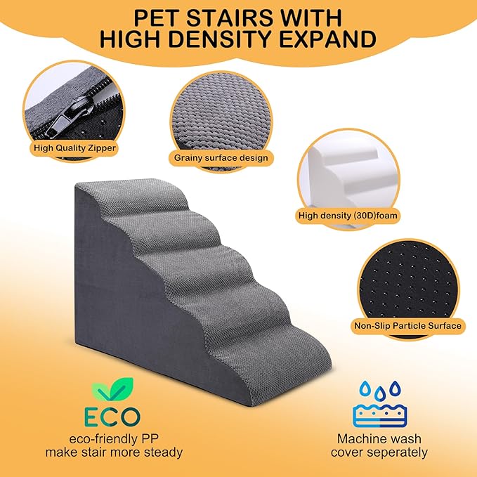 Dog Stairs for Bed, 5 Tier Dog Steps for Couch and High Bed, Non-Slip Pet Stairs, 24" High Sofa Foam Ramp - Best for Small Pets, Older Cats with Joint Pain